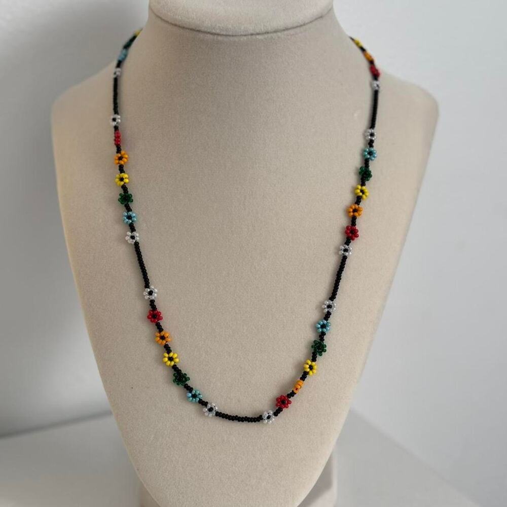 Black Multicoloured Beaded Flower Necklace Handmade Floral Jewelry Unique Gift - Picture 3 of 4